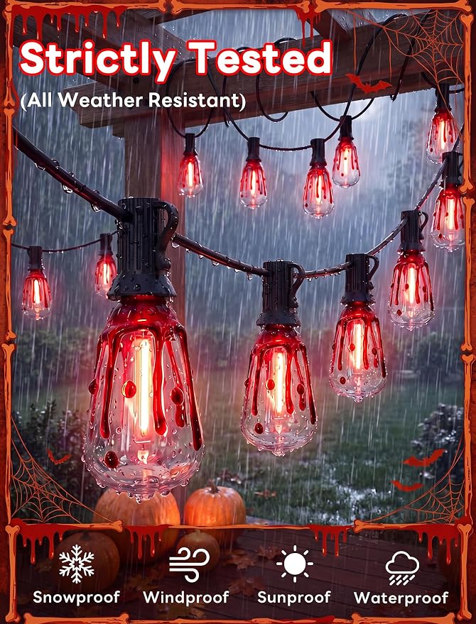 25Ft Halloween LED String Lights Outdoor with 25 ST38 Red Blood Drop Lights, Connectable Halloween Patio Lights for Indoor Outdoor Backyard Garden Halloween Christmas Party Decor