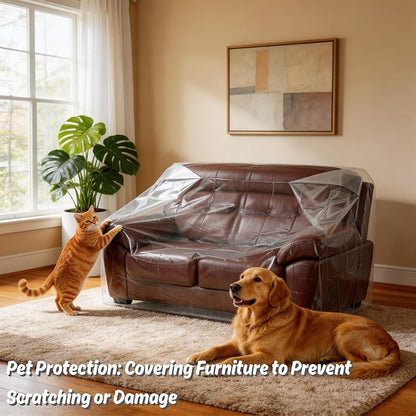 Wowfit 4mil Furniture Cover for Moving, Couch Storage Bag, 68.1Wx42Dx62/41H | With Tape Strips & Labels, Clear, Heavy Duty, Waterproof, Dustproof, Loveseat/Recliner, Sectional Piece, Garage, Outdoor