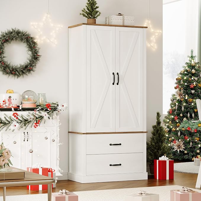 GarveeHome Kitchen Pantry Cabinet, Farmhouse Storage Cabinet with Barn Doors, Drawers and Adjustable Shelves, Versatile Storage for Kitchen, Dining Room, Rustic White