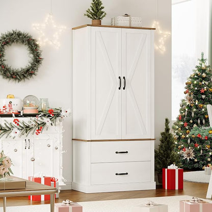 GarveeHome Kitchen Pantry Cabinet, Farmhouse Storage Cabinet with Barn Doors, Drawers and Adjustable Shelves, Versatile Storage for Kitchen, Dining Room, Rustic White