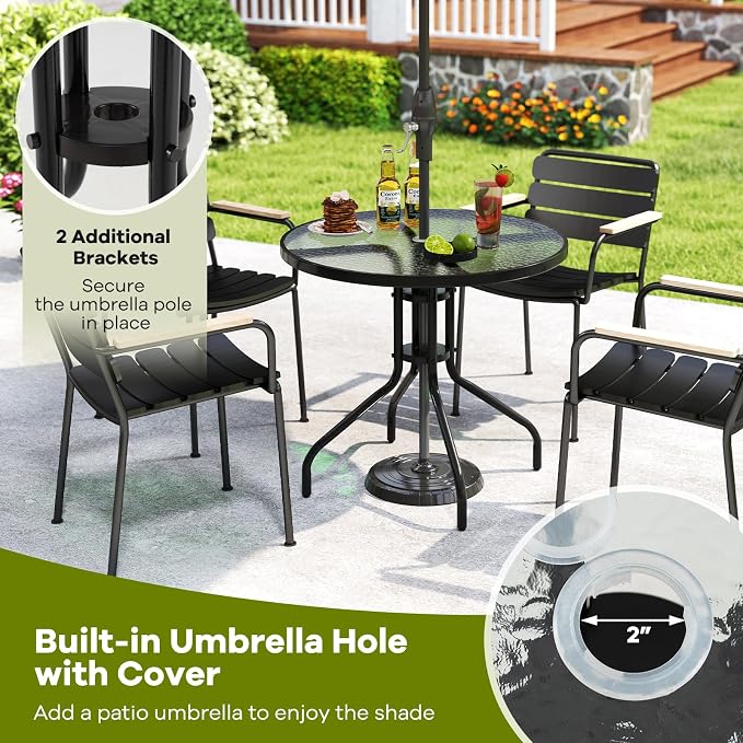 Giantex 31.5" Outdoor Bistro Table, Patio Round Dining Table w/Tempered Glass Tabletop & 2" Umbrella Hole, Heavy-Duty Metal Frame for Garden Yard Poolside Porch (31.5"x31.5"x28.5")