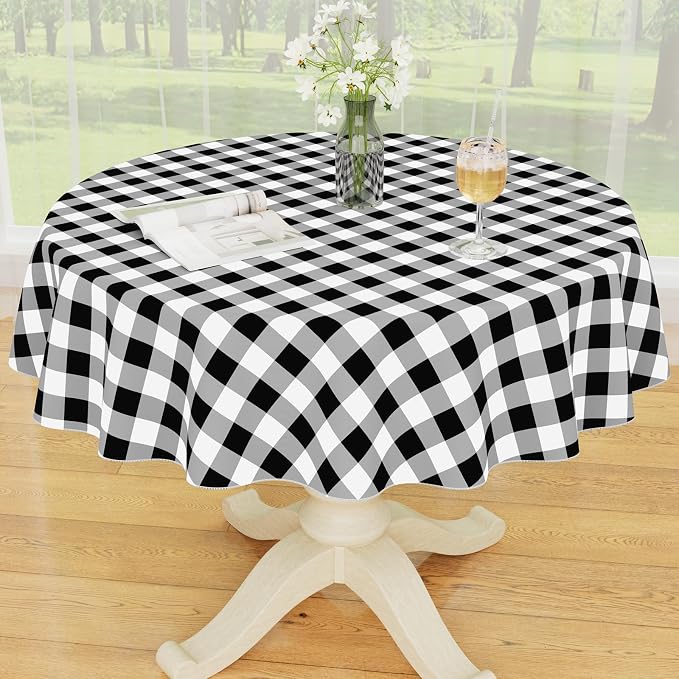 Smiry Picnic Table Cloth, Vinyl Tablecloths with Flannel Backing, 60" Round | Waterproof Picnic Table Cloth, Wipeable Buffalo Plaid Table Cover for Indoor and Outdoor (Black & White)