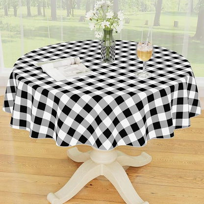 Smiry Picnic Table Cloth, Vinyl Tablecloths with Flannel Backing, 60" Round | Waterproof Picnic Table Cloth, Wipeable Buffalo Plaid Table Cover for Indoor and Outdoor (Black & White)