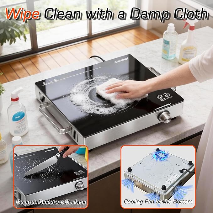 1500W Portable Infrared Hot Plate, Single Burner Electric Cooktop with Knob Control & 3-Hour Timer, Countertop Ceramic Burner with Handle, Works with All Cookware