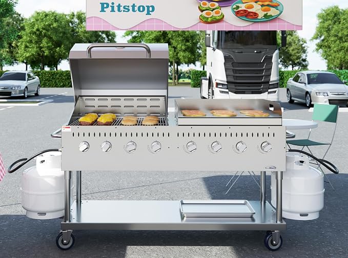 60 in. 8-Burner Commercial Outdoor Propane Gas Grill with 30 in. Roll Dome Cover and 30 in. Griddle in Stainless-Steel, ETL Listed (CGKIT6-D30G30)