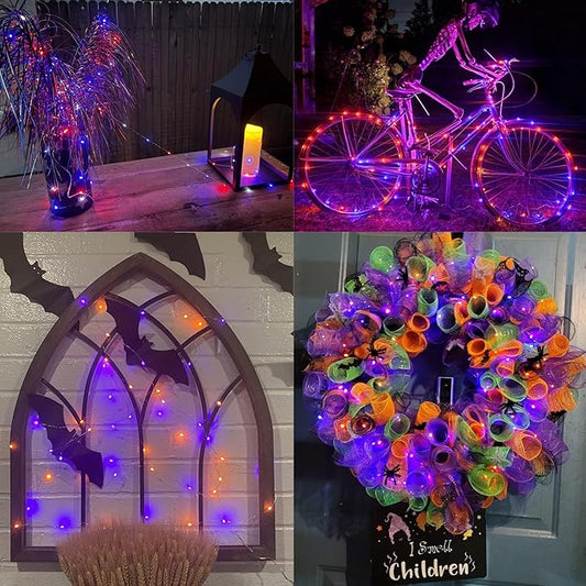 YEGUO Orange and Purple Halloween Lights Outdoor Waterproof, 4 Packs Each 33ft 100 LED Solar Fairy Light,8 Modes Black Wire String Lights
