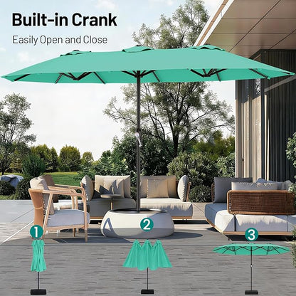 AreShark 15FT Outdoor Patio Umbrella with Crank, Large Rectangular Market Umbrella, Double-Sided Outdoor Umbrellas with Cross Base & Sandbag for Porch, Lawn, Pool, Backyard, Cerulean