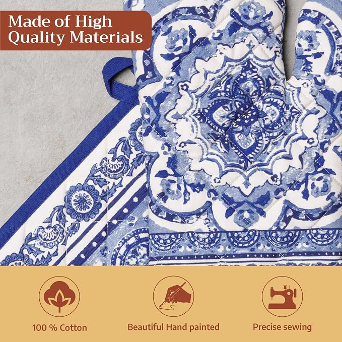 Maison d' Hermine 100% Cotton Oven Mitt & Pot Holder Set (7.5"x13" & 8"x8") | Heat Resistant BBQ Cooking Gloves with Loop Baking Grilling Kitchen Hotel Home Farmhouse Spring Summer - Melodie Bleue