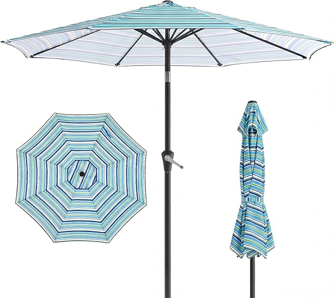 9ft Patio Umbrella with Push Button Tilt and Crank,Outdoor Market Table Umbrella UV Protection 8 Sturdy Ribs for Backyard,Garden,Pool,Deck(Blue Green Stripes)