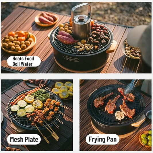Naturehike Charcoal Barbecue Grill with Heat Proof Mat, 11.8 inches Portable Grill Kit for Outdoor Cooking, Small Non-Stick Korean/Japanese BBQ Charcoal Stove for Camping, Beach, Picnics, Backyard