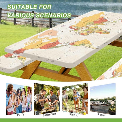 JAWO World Map Picnic Table Cover with Bench Covers, Camper RV Essentials Gear Supplies Outdoor Waterproof Windproof Tablecloth with Elastic, 30x72 Inch