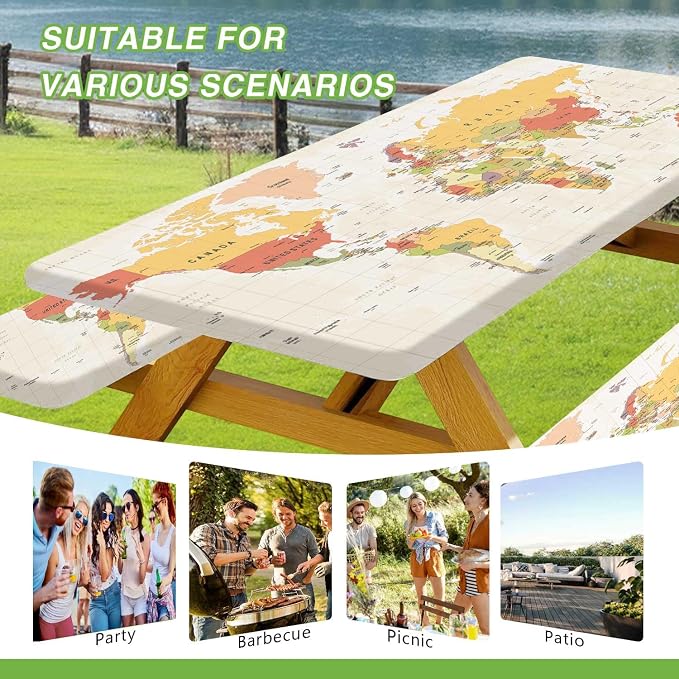 JAWO World Map Picnic Table Cover with Bench Covers, Camper RV Essentials Gear Supplies Outdoor Waterproof Windproof Tablecloth with Elastic, 30X60in