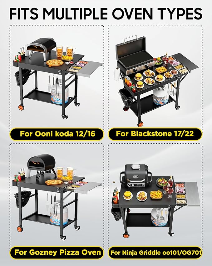 Pizza Oven Table, Grill Table for Ninja Pizza Oven, Pizza Oven Cart Fits Blackstone 17/22 Griddle, Koda 12/16, Cuisinart Gozney, Solo Stove,Outdoor Pizza Oven cart with Sliding Covered Storage Tray