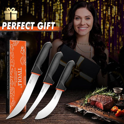 TIVOLI Butcher Knife Set 3pcs - Game Processing Knife Set with Gift Box - Non-Slip Softgrip & German Stainless Steel - Skinning Boning Trimming Knives for Meat - Gifts for Men and Women