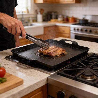 Cast Iron Square Griddle Pan, 13" x 11.5" Flat Top Griddle Plate, 11.5" Cooking Surface for Gas Stove, Camp Stove and Grill