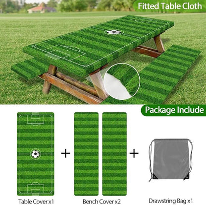 Picnic Table Cover with Bench Covers Elastic Edges, Green Soccer Theme Table Cover, Waterproof Windproof Fitted, for Outdoor Sports Parties Kids Gatherings Patio Garden, Drawstring Bag, 60 Inch 3PCS