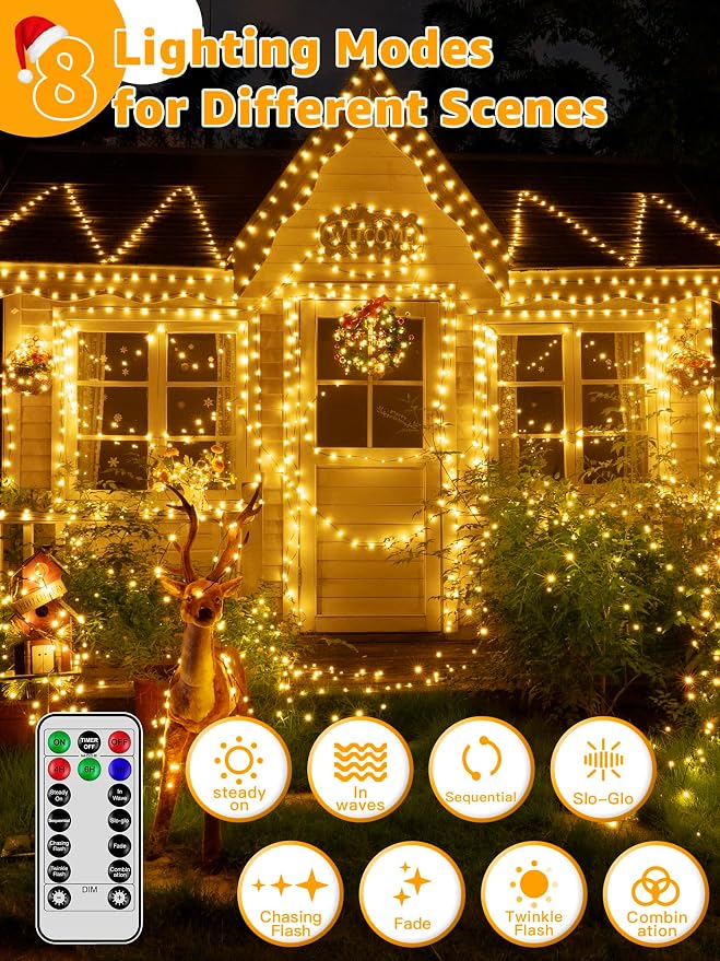 BrightChristmas Christmas Lights 600 LED 196 FT, Waterproof Outdoor String Lights with Remote and Timer, Christmas Tree Lights with 8 Modes Dimmable, Fairy Lights for Holiday Decor (Warm White)