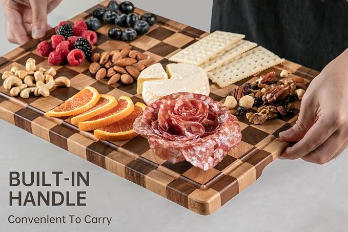 Cutting Boards for Kitchen, Checkered Wood Cutting Board | Walnut Chopping Board with Juice Grooves & Handles, Butcher Block Serving Tray with Gift Box 16" x 11" x 0.8"