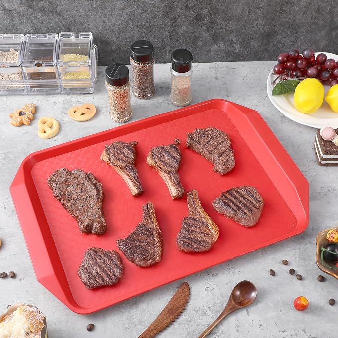 4 Pcs Grilling Prep and Serve Trays, 17x12 Inch BBQ Plastic Nesting Trays for Raw and Cooked Food, Dishwasher Safe Marinating and Serving Platters, Black and Red