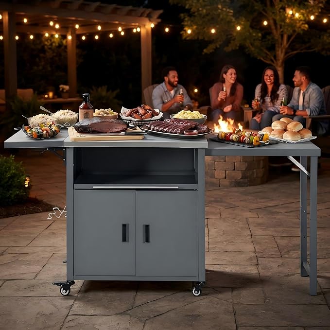 74” Outdoor Grill Table with Storage Cabinet & Folding, Metal | Stainless Steel Top Grill Cart for Kitchen with Universal Wheels, Kitchen Island Prep Table/Pizza Oven/Trash Rack, BBQ Patio