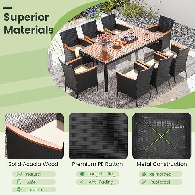 COSTWAY 9-Piece Patio Dining Set for 8, Outdoor Rattan Wicker Table and Chairs Furniture Set with Umbrella Hole, Acacia Wood Tabletop for Backyard, Balcony, Poolside, Black & Beige