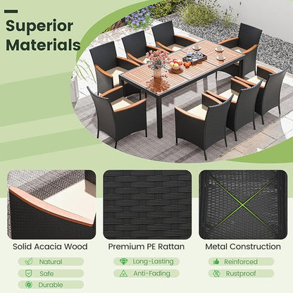 COSTWAY 9-Piece Patio Dining Set for 8, Outdoor Rattan Wicker Table and Chairs Furniture Set with Umbrella Hole, Acacia Wood Tabletop for Backyard, Balcony, Poolside, Black & Beige
