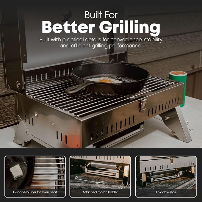 GasOne Portable Propane Grill – 18-inch Stainless Steel Tabletop Grill – Tabletop Gas Grill with Heat Control and Built-In Thermometer – Large Cooking Area – Ideal for Outdoor, Camping, Travel, RV