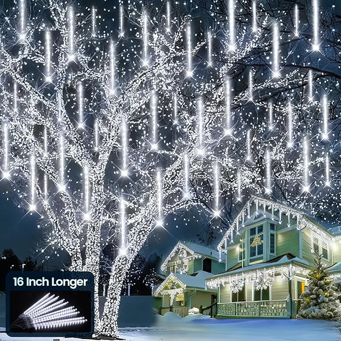 Aluan Christmas Lights Outdoor Meteor Shower Lights White 16 Inch 10 Tubes 360 LED Falling Rain Light Waterproof Snowfall Dripping Icicle Light for Xmas Tree Holiday Decoration Yard Porch Patio