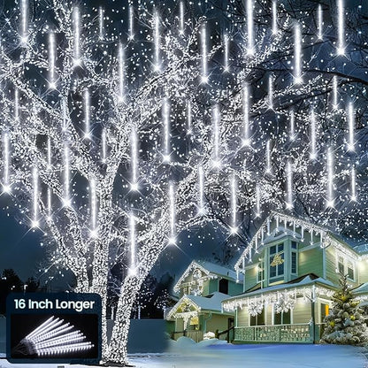 Aluan Christmas Lights Outdoor Meteor Shower Lights White 16 Inch 10 Tubes 360 LED Falling Rain Light Waterproof Snowfall Dripping Icicle Light for Xmas Tree Holiday Decoration Yard Porch Patio