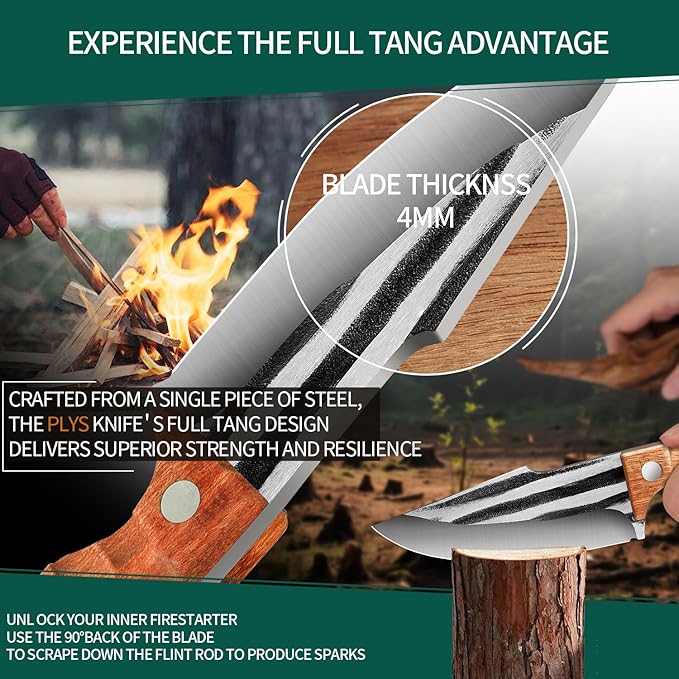 Plys Full-Tang Fixed Blade Knife - 3.9" Durable Outdoor Survival Knife with 4mm Thick Blade, Ergonomic Rosewood Handle, PU Leather Sheath, Ideal for Camping, BBQ, Hiking, and Kitchen Use