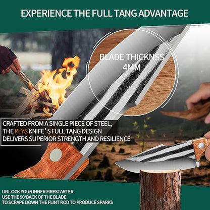 Plys Full-Tang Fixed Blade Knife - 3.9" Durable Outdoor Survival Knife with 4mm Thick Blade, Ergonomic Rosewood Handle, PU Leather Sheath, Ideal for Camping, BBQ, Hiking, and Kitchen Use