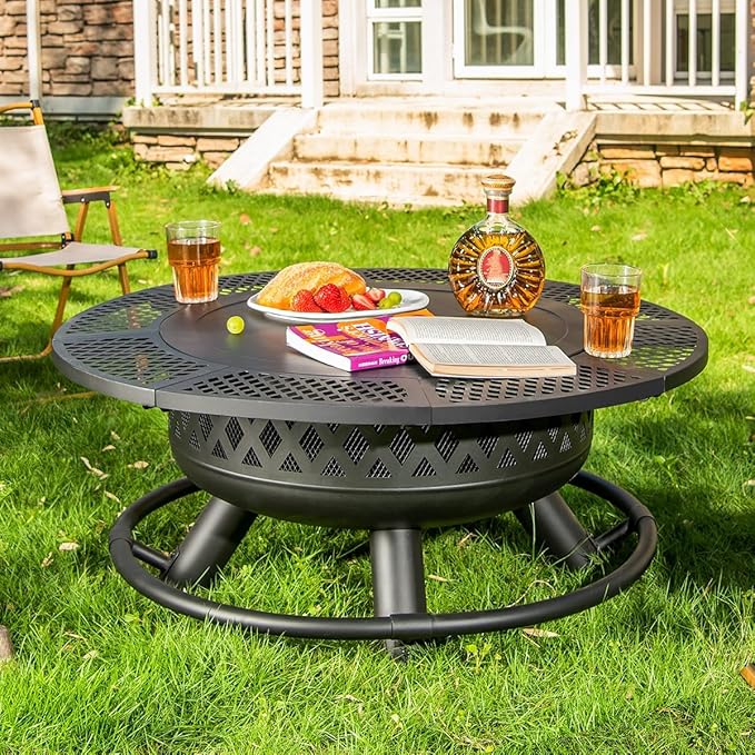 Panovue 36 Inch Fire Pit with Grill,Wood Burning Fire Pits for Outside with Lid& Fire Poker,Round Metal Firepit Table 3 in 1 with Cooking Grate,Outdoor Firepits for Yard Patio Bonfire Camping(Black)