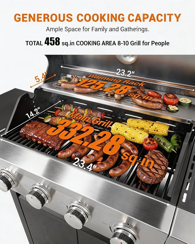 EUHOME 4-Burner Propane Gas BBQ Grill with Side Burner, 46,500 BTU Stainless Steel Outdoor BBQ with Enameled Cast Iron Grates & Foldable Side Tables for Patio, Backyard, and Outdoor Cooking