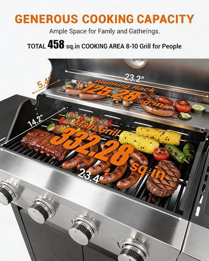 EUHOME 4-Burner Propane Gas BBQ Grill with Side Burner, 46,500 BTU Stainless Steel Outdoor BBQ with Enameled Cast Iron Grates & Foldable Side Tables for Patio, Backyard, and Outdoor Cooking