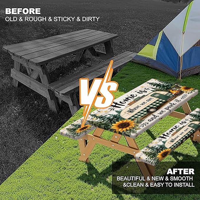 Picnic Table Cover with Bench Covers Camping Essentials Green Checkered RV Forest Sunflower Wooden Outdoor Table Covers with Elastic Waterproof Camping Tablecloth for Indoor & Outdoor 3 PCS 30x60 Inch