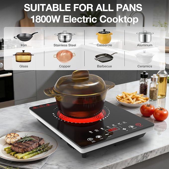 Portable Electric Cooktop GTKZW, 1800W Single Stove Burner Hot Plate with LED Touch Screen, for RV and Dorm