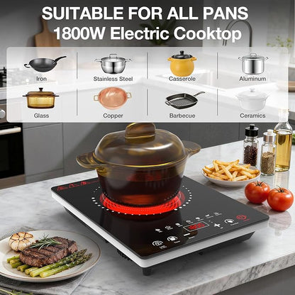 Portable Electric Cooktop GTKZW, 1800W Single Stove Burner Hot Plate with LED Touch Screen, for RV and Dorm
