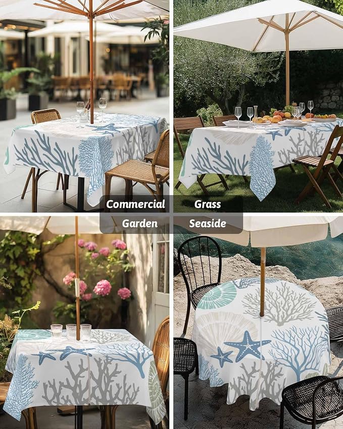 Coastal Outdoor Tablecloth - 60x84 Inch Rectangle Dining Table Cover, Blue Teal Coral Summer Beach Ocean Starfish Waterproof Outdoor Table Cloth with Umbrella Hole & Zipper for Picnic/Patio/Party
