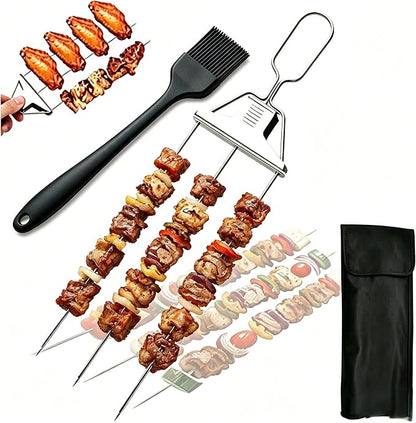 Premium 3-Prong Stainless Steel BBQ Skewer Set, Slide-Out Design Grilling Fork with Basting Brush & Storage Bag, Reusable Kebab Tool for Barbecue, Camping & Outdoor Cooking