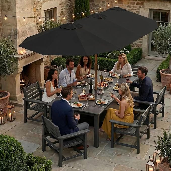 Kingdura 15ft Large Patio Umbrella with Base Included, Double-Sided Rectangle Outdoor Table Umbrella with 12 Reinforced Ribs, Crank Lift for Market Pool Deck Backyard, Black
