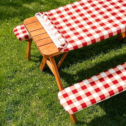 Poise3EHome Picnic Table Cover with Bench Covers, 6 Foot Fitted Elastic Tablecloth Set, Heavy Duty Polyester with TPU Waterproof Backing, Washable Outdoor Picnic Set for Camping, RV & Park(Red&White)