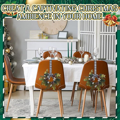 Zeyune 8 Pcs Christmas Kitchen Cabinet Wreaths with Plaid Bow 14.96 x 7.87 Inch Hanging Christmas Cabinet Doors Wreaths Decorative for Kitchen Window Outdoor Indoor Xmas Holiday Decor
