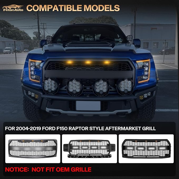 3PCS Amber LED Front Grille Lights for 2004-2019 Ford F150 Raptor Style Aftermarket Grill, with Harness and Fuse Accessories
