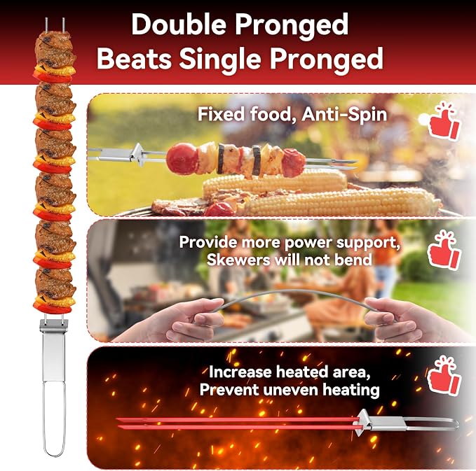 Stainless Steel Kabob Skewers, 16"（12PCS）, Double Pronged Flat with Slider