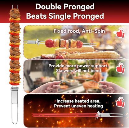 Stainless Steel Kabob Skewers, 16"（12PCS）, Double Pronged Flat with Slider
