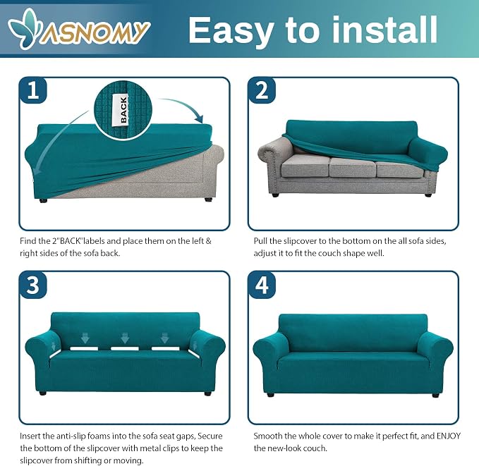Asnomy Stretch Oversized Couch Covers for Sofa Slipcover,Peacock Blue | 1-Piece Sofa Covers Washable(94"-110") 4-Seater Furniture Protector with Non Skid Foam and Elastic Bottom for Kids, Pets