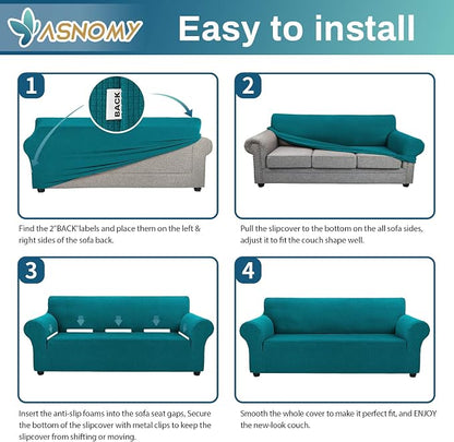 Asnomy Stretch Couch Covers for Sofa Washable, 3 Cushion Couch,Peacock Blue | 1-Piece Sofa Covers(78"-94") 3-Seater Furniture Protector Soft Jacquard,Non-Slip Elastic Bottom For Dogs & Kids