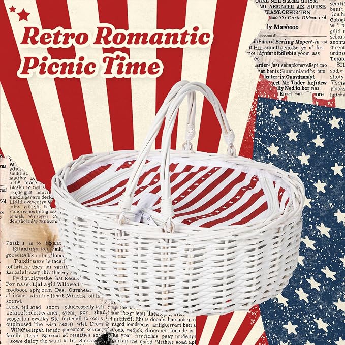 Wicker Picnic Basket 15"x11"x7" Insulated Liner Red White Stars | Insulated Zip Liner Helps Keep Drinks and Snacks Cool, Sturdy Woven Basket Suits Parks, Camping, Holidays and Gift Giving