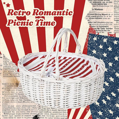 Wicker Picnic Basket 15"x11"x7" Insulated Liner Red White Stars | Insulated Zip Liner Helps Keep Drinks and Snacks Cool, Sturdy Woven Basket Suits Parks, Camping, Holidays and Gift Giving