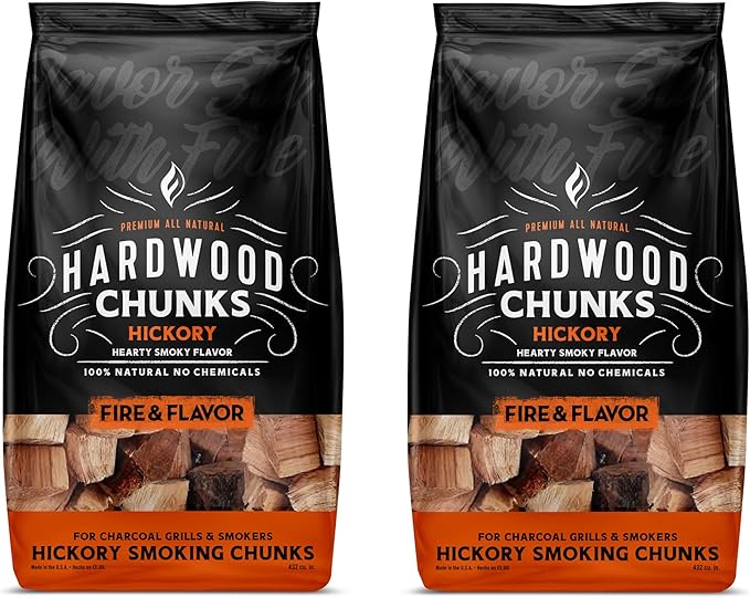 Fire & Flavor Premium All-Natural Hickory Wood Smoking Chunks, Sweet but Hearty, Smoky Flavor for Use with Pork & Ribs, All Meats, Great for Charcoal Grills and Smokers